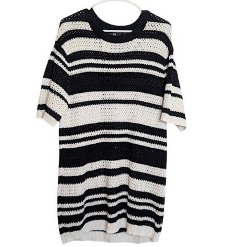 C+A Womens Striped Knit Sweater Black White Sheer Swim‎ Cover Beach Vacation